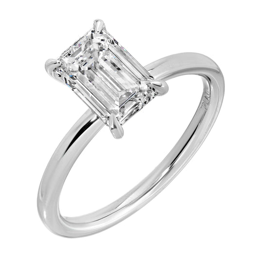 Elegant Edge 2 CT emerald cut diamond ring in platinum with VVS2 clarity and E color grade