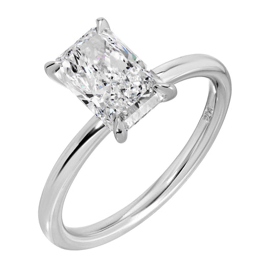 2 CT Radiant Cut Diamond solitaire ring in platinum with VVS2 clarity and E color grade