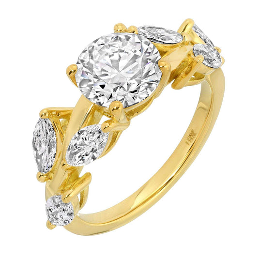 Vivid Glow 3.20 Cttw round brilliant diamond ring in 18K yellow gold with marquise side stones