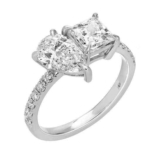 Celestial Radiance 14K white gold ring with 2.2 cttw pear and princess cut diamonds, E color, VVS2 clarity