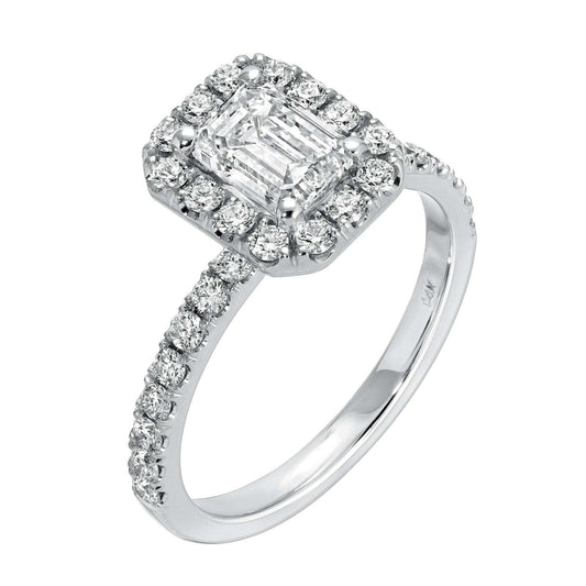 Majestic Glow emerald cut diamond ring 1.7 cttw 14K white gold with halo and side diamonds