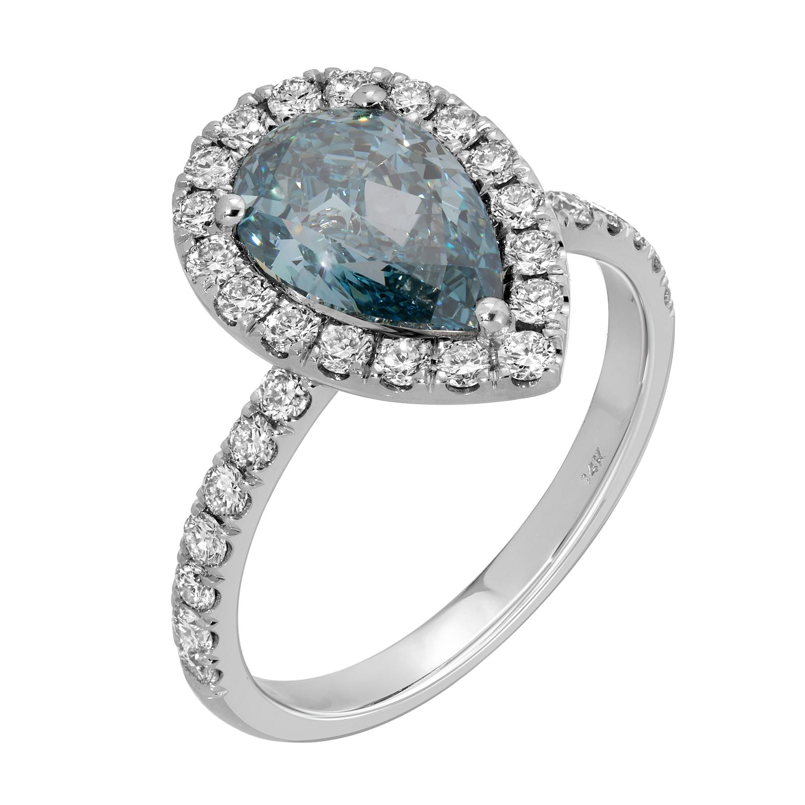 Ocean Spark - Pear Cut Blue Diamond Ring 2.7 cttw 14K White Gold (VS1)