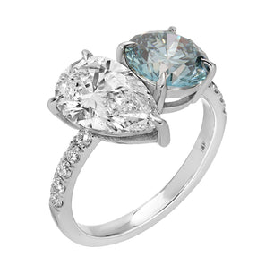 Ocean Horizon - Blue Pear & Round Diamond Ring 4.33 cttw 14K White Gold (VVS2)